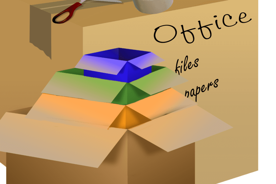 Stack of moving boxes in front of a sealed box with office, files, papers written on it and scissors, tape and a marker on top