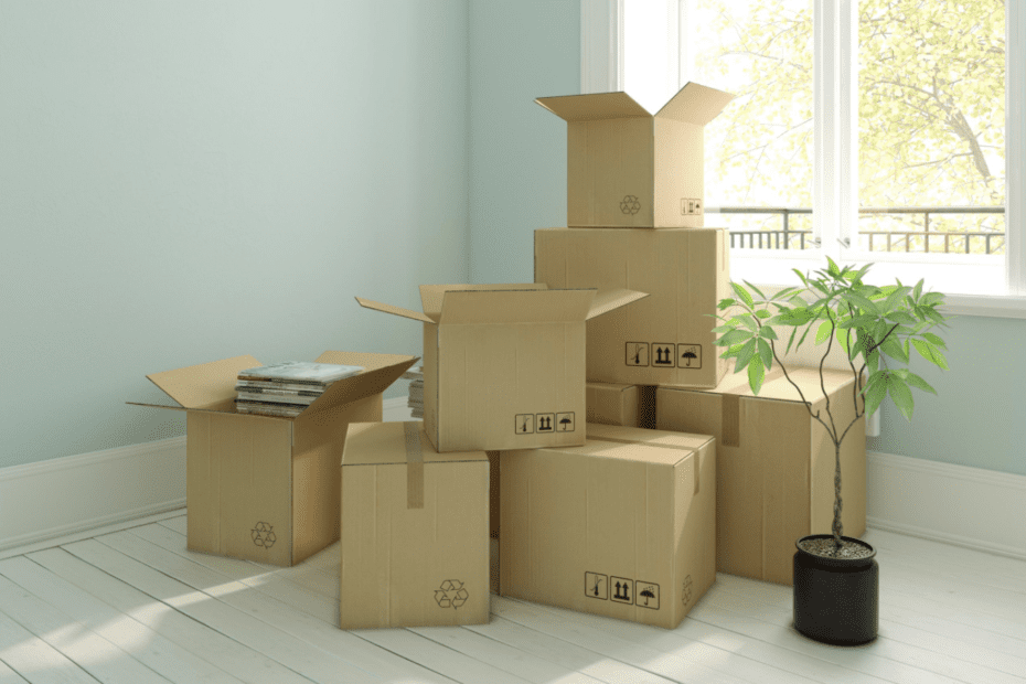 Moves boxes stacked up in a living room next to the window and plant