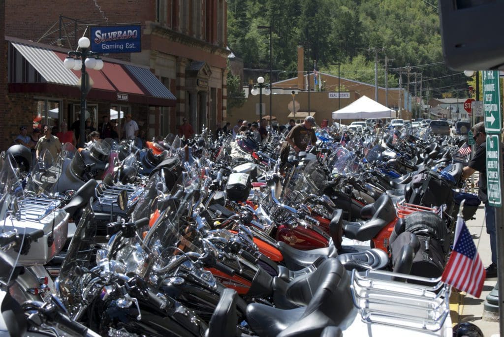 Row of bikes in Sturgis, South Dakota during the motorcycle rally